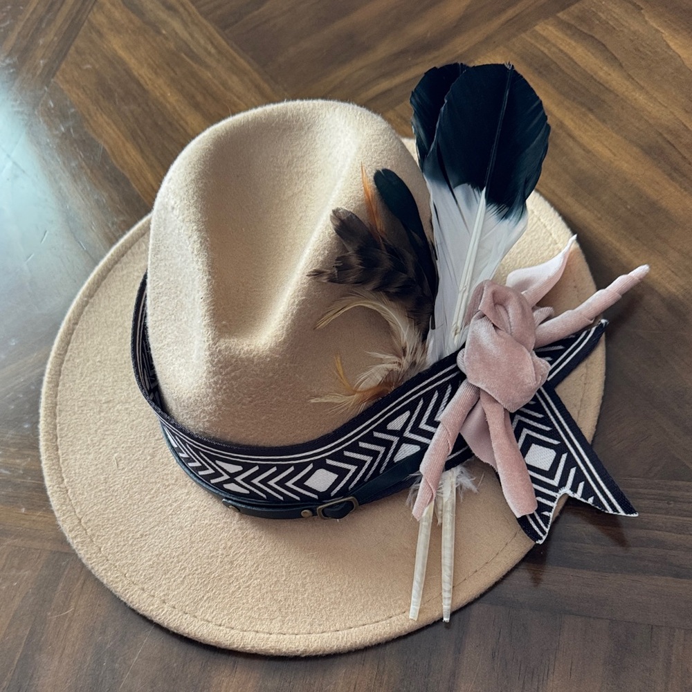 One-of-a-Kind Custom Tan Fedora | Western Boho Feather & Velvet